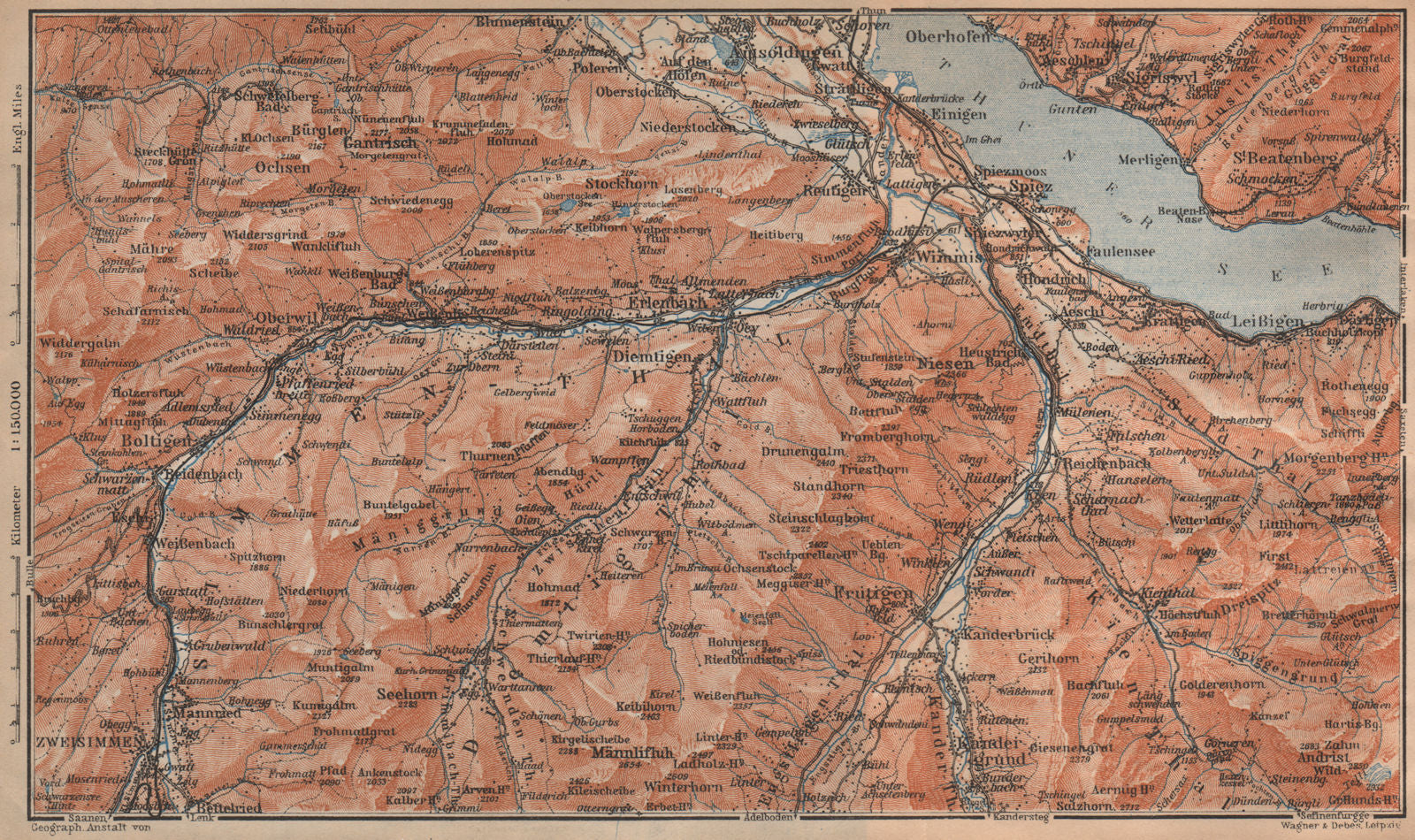 THUNER SEE. SIMME/KANDER VALLEYS. Gantrisch Spiez Frutigen Oberwil 1907 map